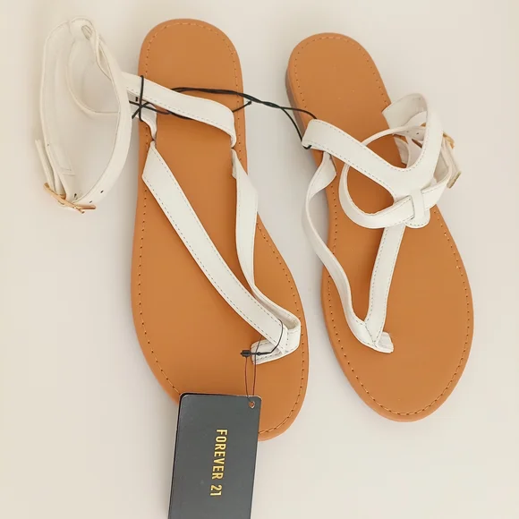 Forever 21 White Tan Tong Sandals With Ankle Straps Minimalist Design Size US 8 - Picture 3 of 12